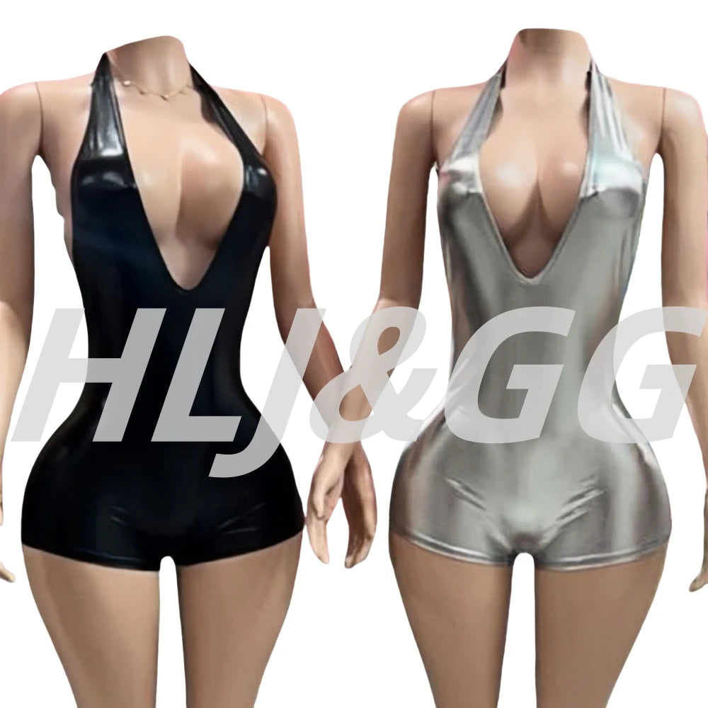HLJ&GG Sexy Deep V Halter Glossy Bodycon One Piece Rompers Women Sleeveless Backless Lace Up Jumpsuits Fashion Clubwear Overalls