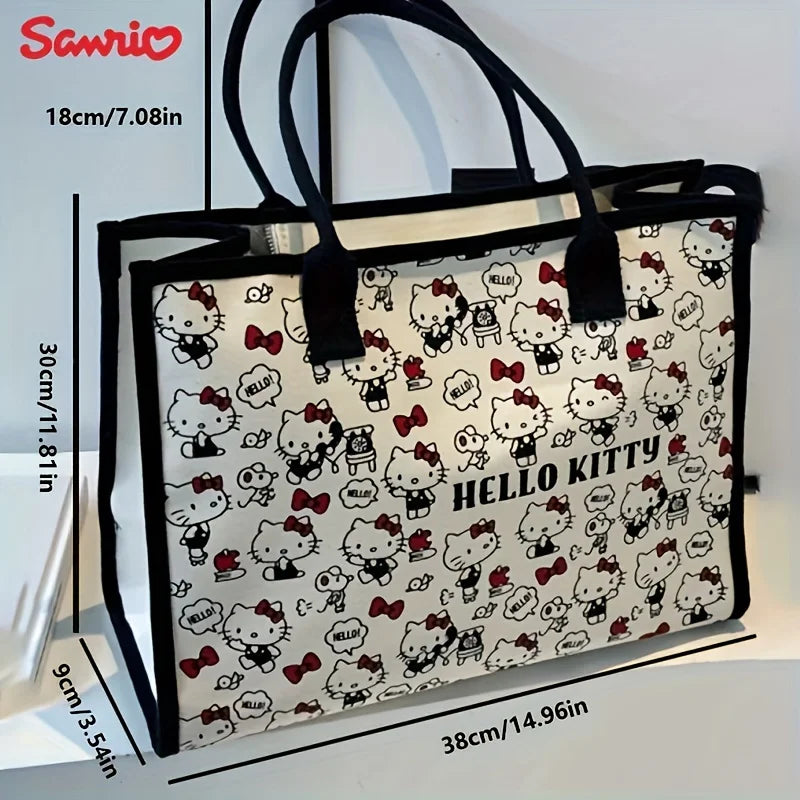 MINISO Sanrio Hello Kitty Canvas Handbag Large Capacity Zipper Shoulder Bag Lightweight Cute Fashion Weaving Tote Bag