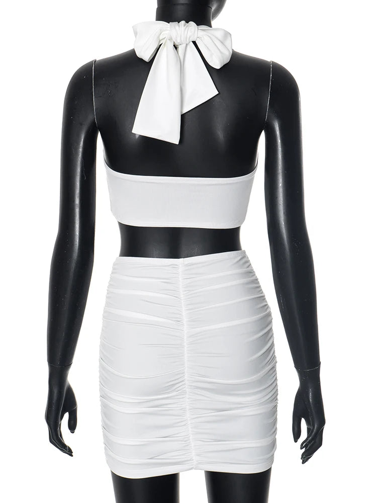 Weird Puss Love Rings Patchwork 2 Piece Set Cross Women Halter Crop Tops+Ruched Hollow Skirts Matching Hottie Street Trend Suits