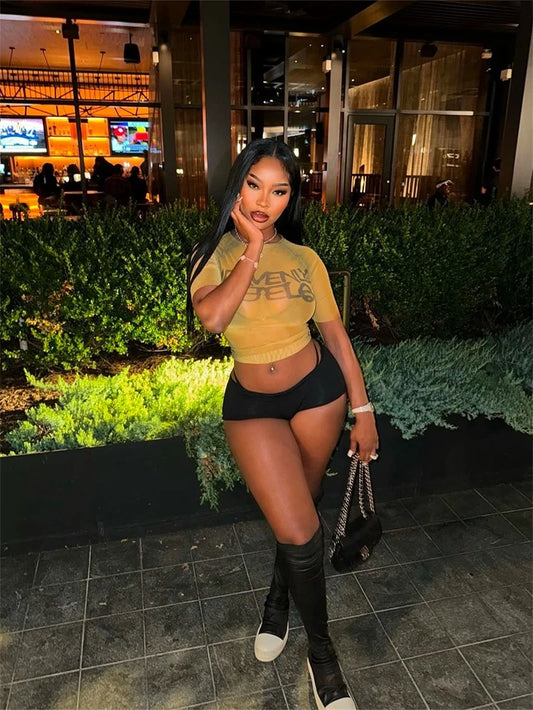 STYLISH LADY Letter Printed Mesh T Shirts 2025 Summer Women Short Sleeve O Neck See Through Sexy Club Party Street Tops Tees