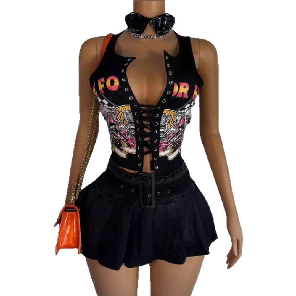 HLJ&GG Black Sexy Hot Girl Hollow Bandage Two Piece Sets Women Deep V Sleeveless Tank Top+Pleated Mini Skirts Outfits Streetwear