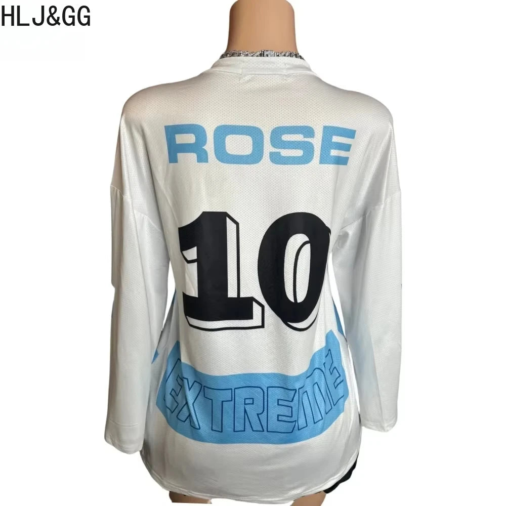 HLJ&GG Y2K Letter Print Mesh Two Piece Sets For Women V Neck Long Sleeve Top + Puffy Mini Skirts Outfits Fashion 2pcs Streetwear