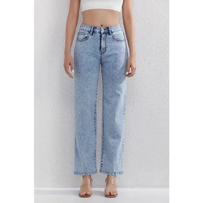 Ladies Light Blue High Waisted Jeans Straight Leg Design Classic Daily Wear Fashionable