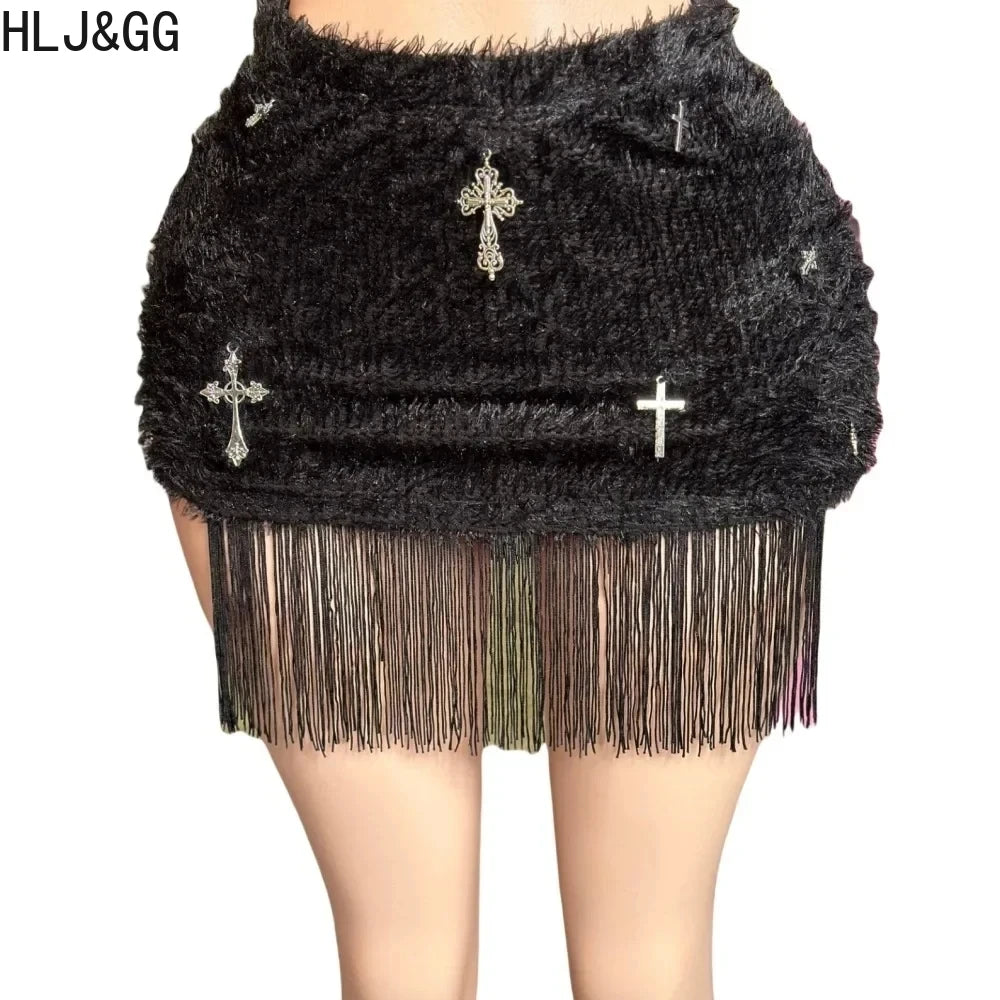HLJ&GG Black Sexy Y2K Punk Tassels Two Piece Sets Women Chain Lace Up Slim Tube And Fur Mini Skirts Outfits Fashion Streetwear