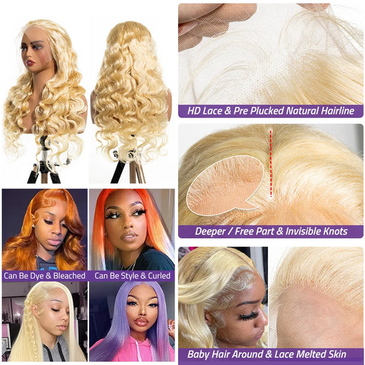 613 Blonde Body Wave 13x6 HD Lace Frontal 100 Human Hair Wigs 30 36 Inch Honey Colored Lace Closure Front Wig for Black Women