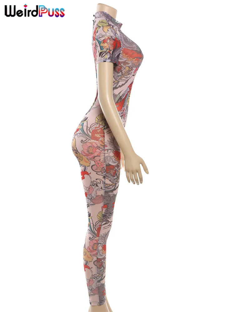 Weird Puss See Through Jumpsuit Women Backless Dragon Print Short Sleeve Fitness Activity Workout Overalls Slim Stretch Clubwear