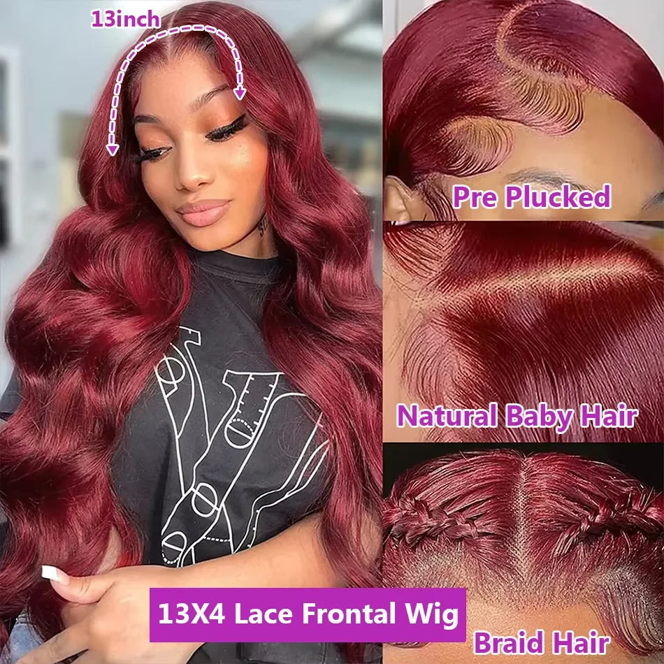 250%Density Body Wave 99j Burgundy Red Wig Human Hair 13x4 13x6 HD Lace Frontal Wig Human Hair Pre Plucked 100% Real Human Hair
