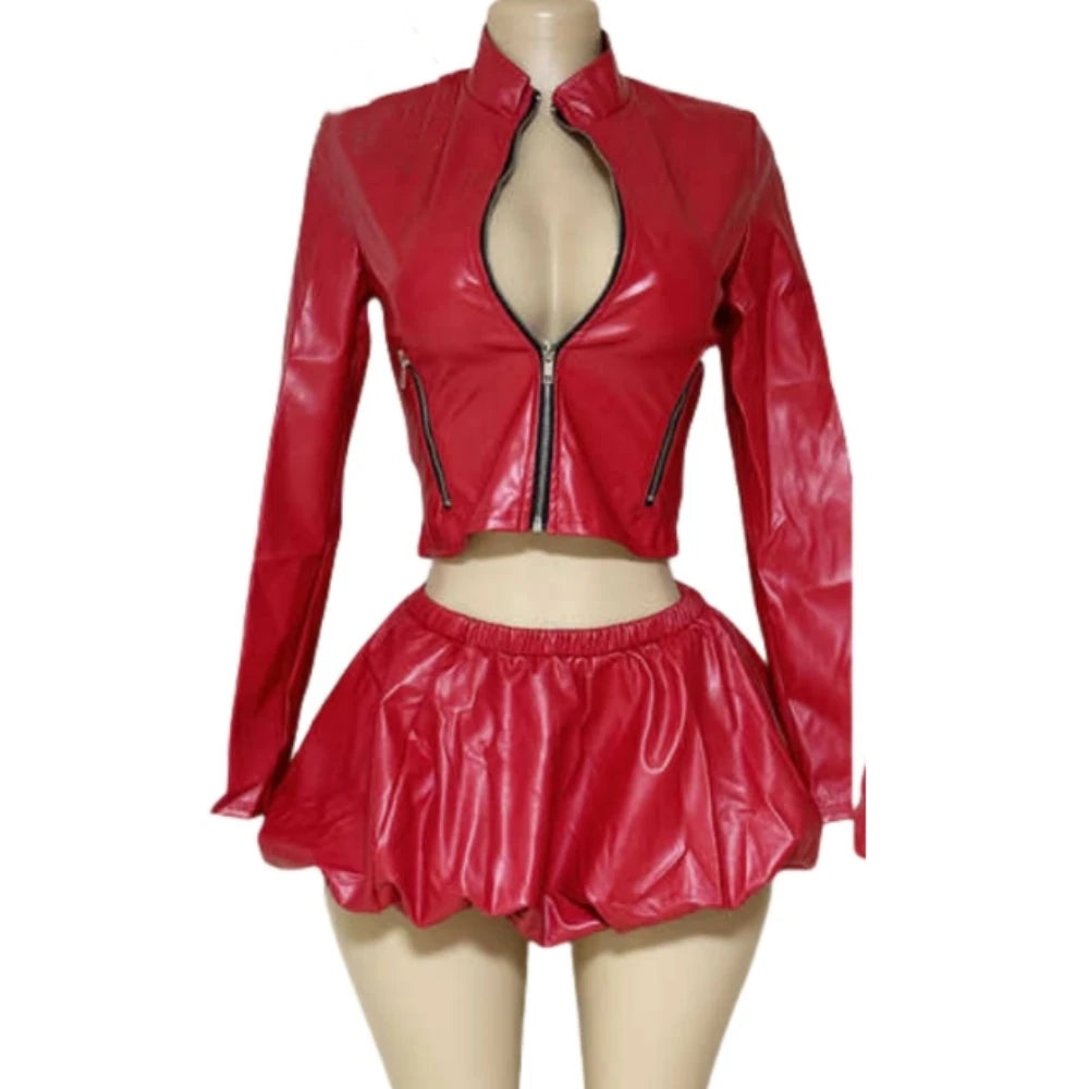 HLJ&GG Red Fashion Leather Puffy Mini Skirts Two Piece Sets Women Zip Long Sleeve Jacket And Skirts Outfit Y2K Female Streetwear