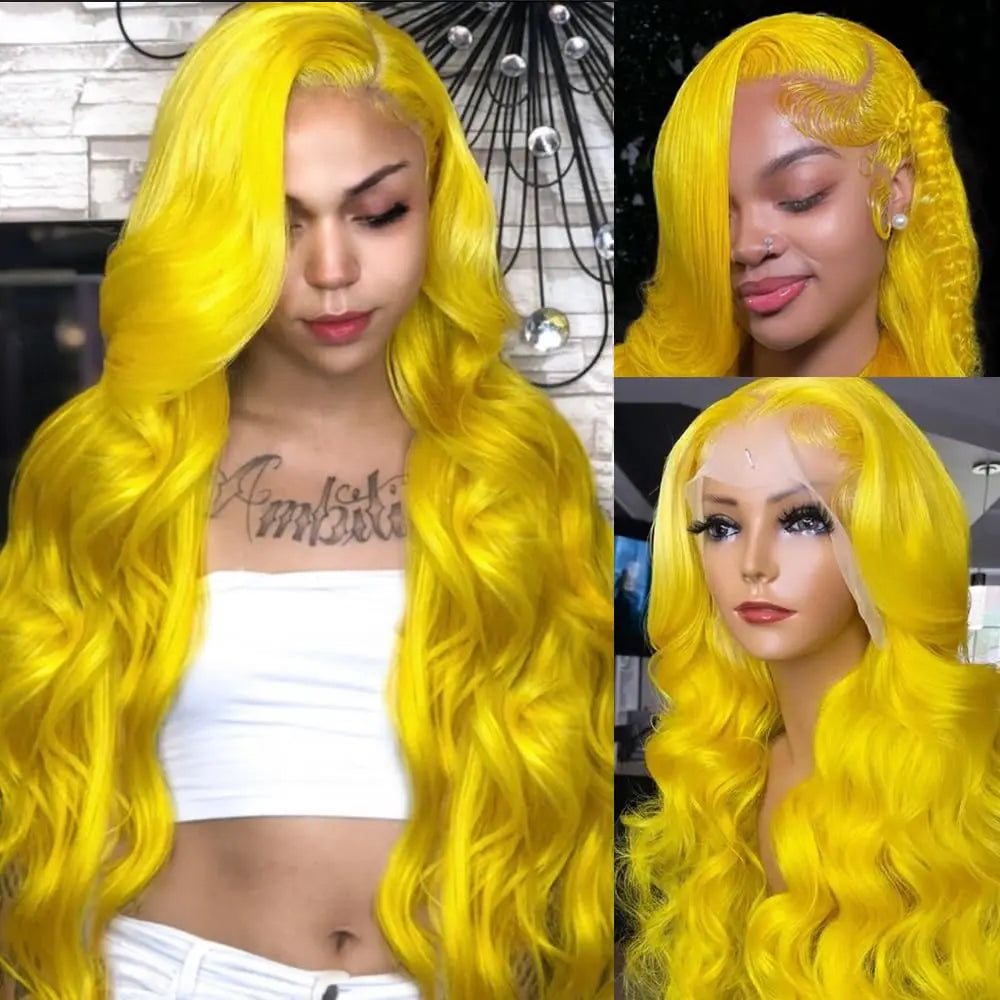 28 Inch Yellow Wig Human Hair Body Wave 13x6 HD Lace Frontal Wig Plucked 200% Density Colored Lace Wig Water Wave For Women