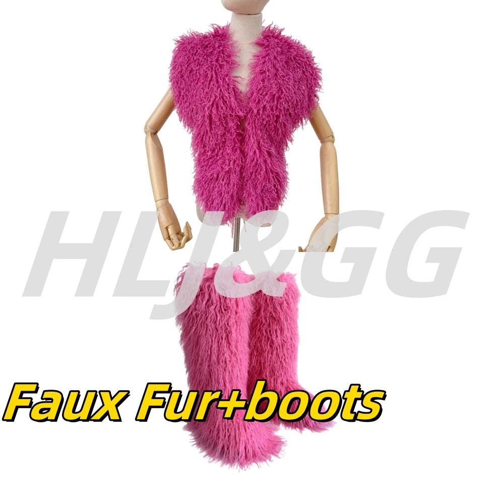 HLJ&GG Trend Y2K Two Piece Sets Women Fur Feather Halter Waistcoat Fashion Backless Lace Up Legs Cover Streetwear Clothing 2025