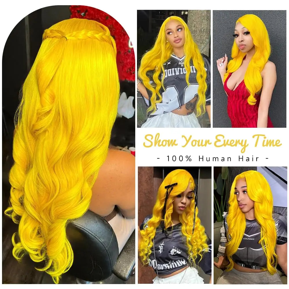 28 Inch Yellow Wig Human Hair Body Wave 13x6 HD Lace Frontal Wig Plucked 200% Density Colored Lace Wig Water Wave For Women
