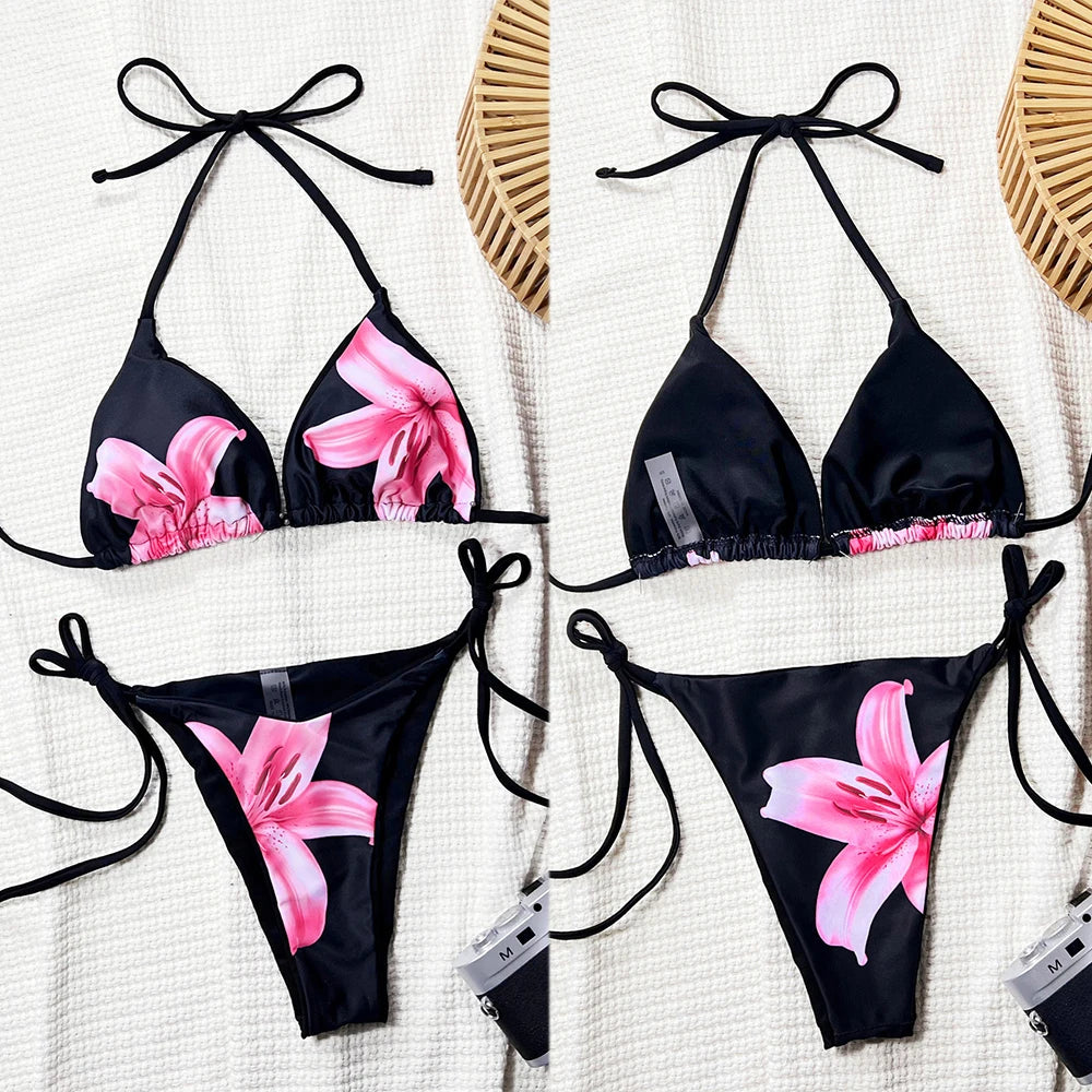 Una-Shop Floral Print Swimsuits For Women Neck Hanging Bikinis Sets Vacation Swimwear Summer Beach Swimming Pool Party Beachwear