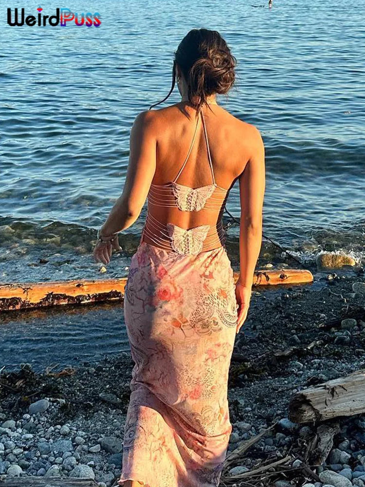 Weird Puss Chic Butterfly Women Maxi Dress Print Backless Spaghetti Straps V Neck Halter Bodycon Hot Girls Club Party Vestidos