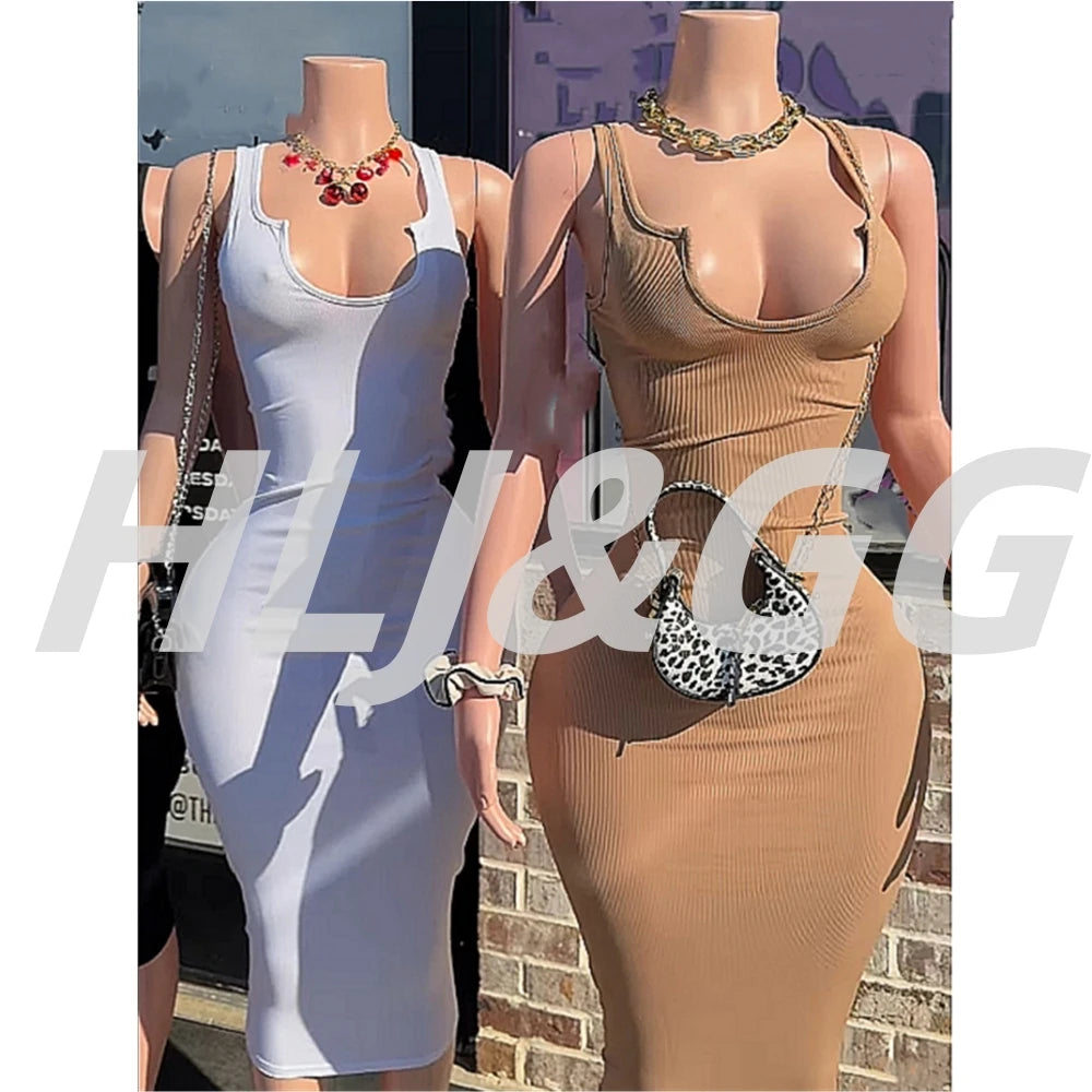 HLJ&GG Summer New Deep V Bodycon Long Dresses Women Sleeveless Backless Slim Vestidos Sexy Female Solid Color Streetwear Robe