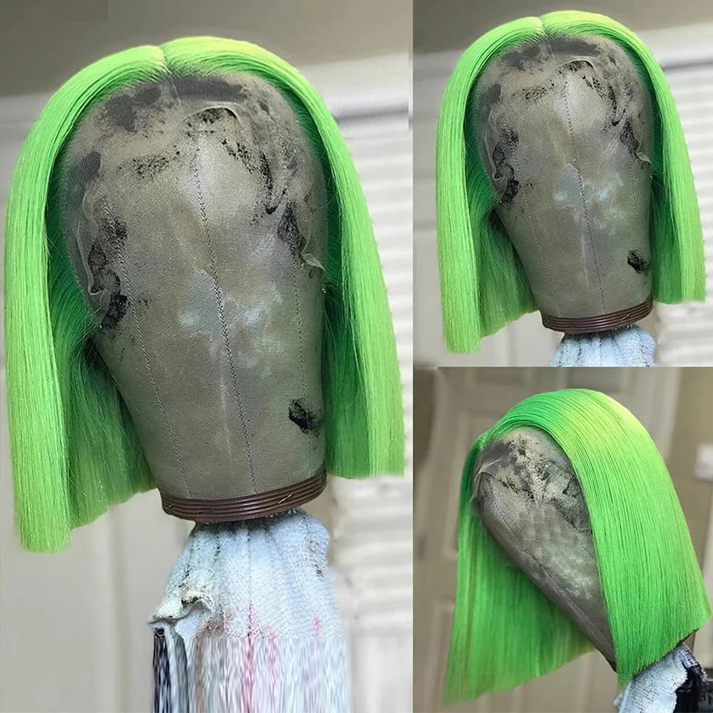Short Straight Lime Green Lace Bob Wigs Human Hair Wigs Brazilian Remy Lace Frontal Wig Colored Lace Front Wig For Women