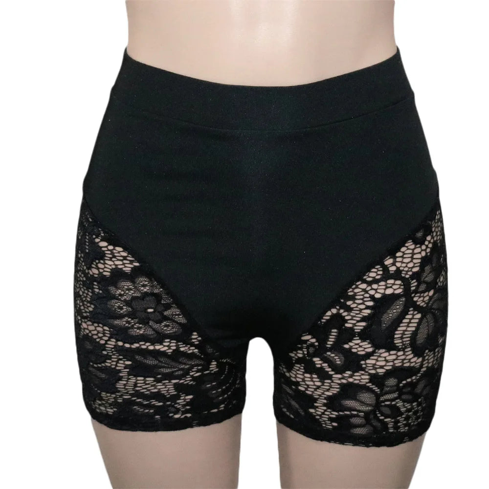 HLJ&GG Sexy Lace Hollow See Though Two Piece Sets Women V Neck Spaghetti Strap Slim Crop Top + Shorts Outfits Fashion Streetwear