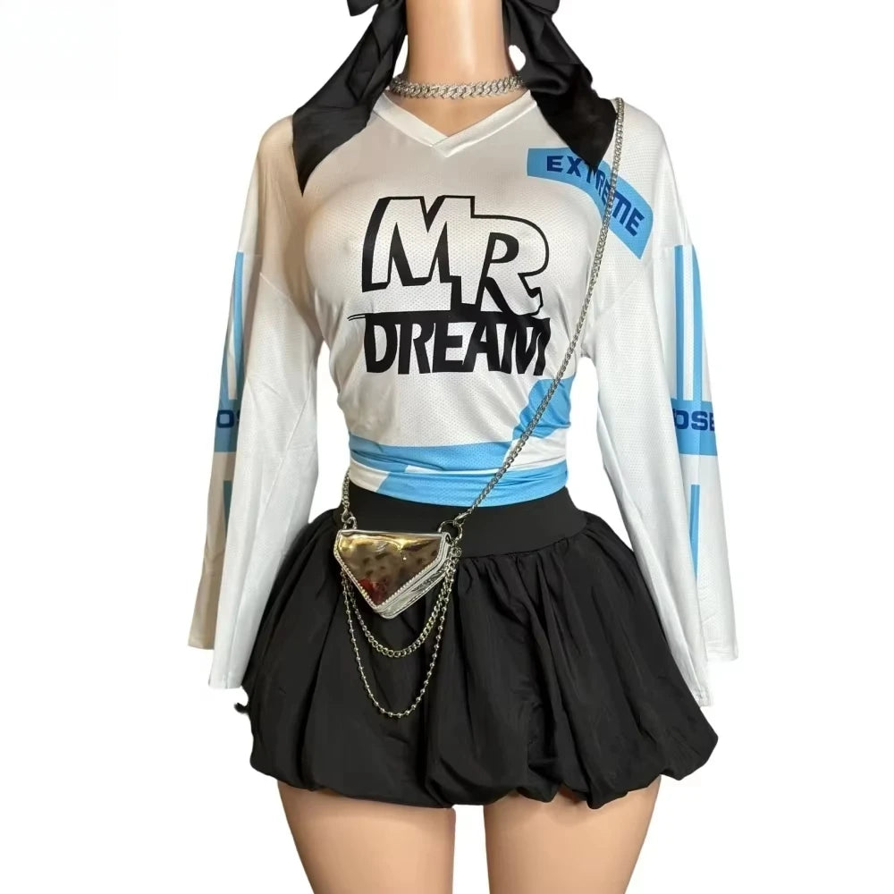 HLJ&GG Y2K Letter Print Mesh Two Piece Sets For Women V Neck Long Sleeve Top + Puffy Mini Skirts Outfits Fashion 2pcs Streetwear