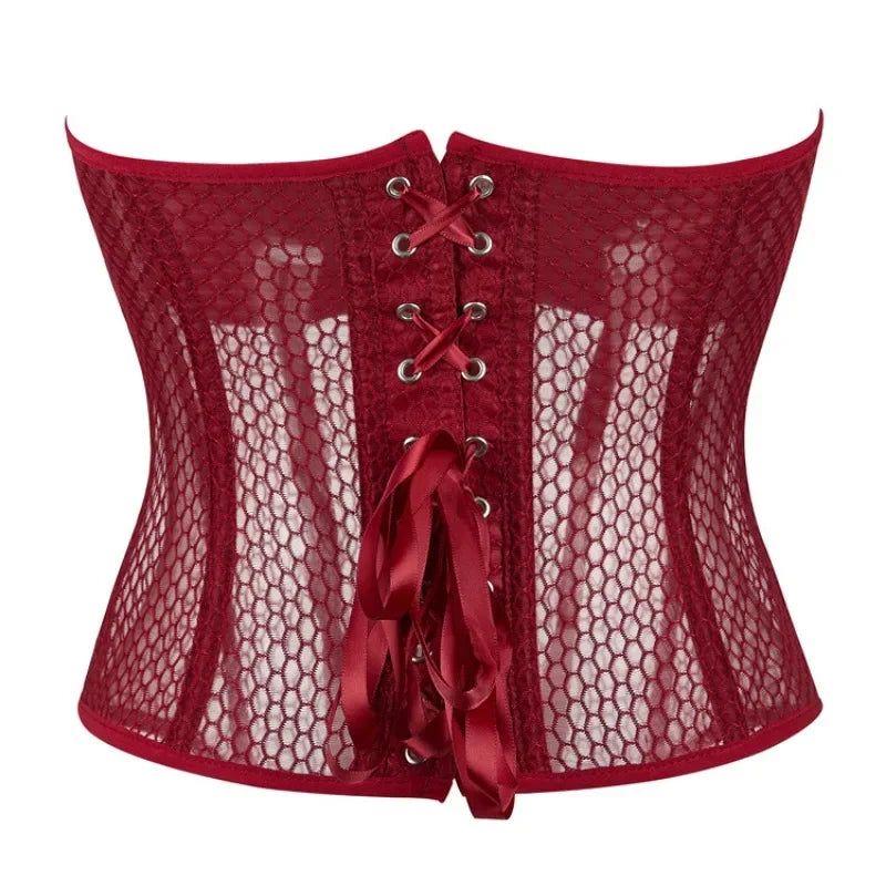 Women Lace Up Sexy Transparent Mesh Boned Corset Overbust Bustier Lingerie Bodyshaper Top Corsets Top