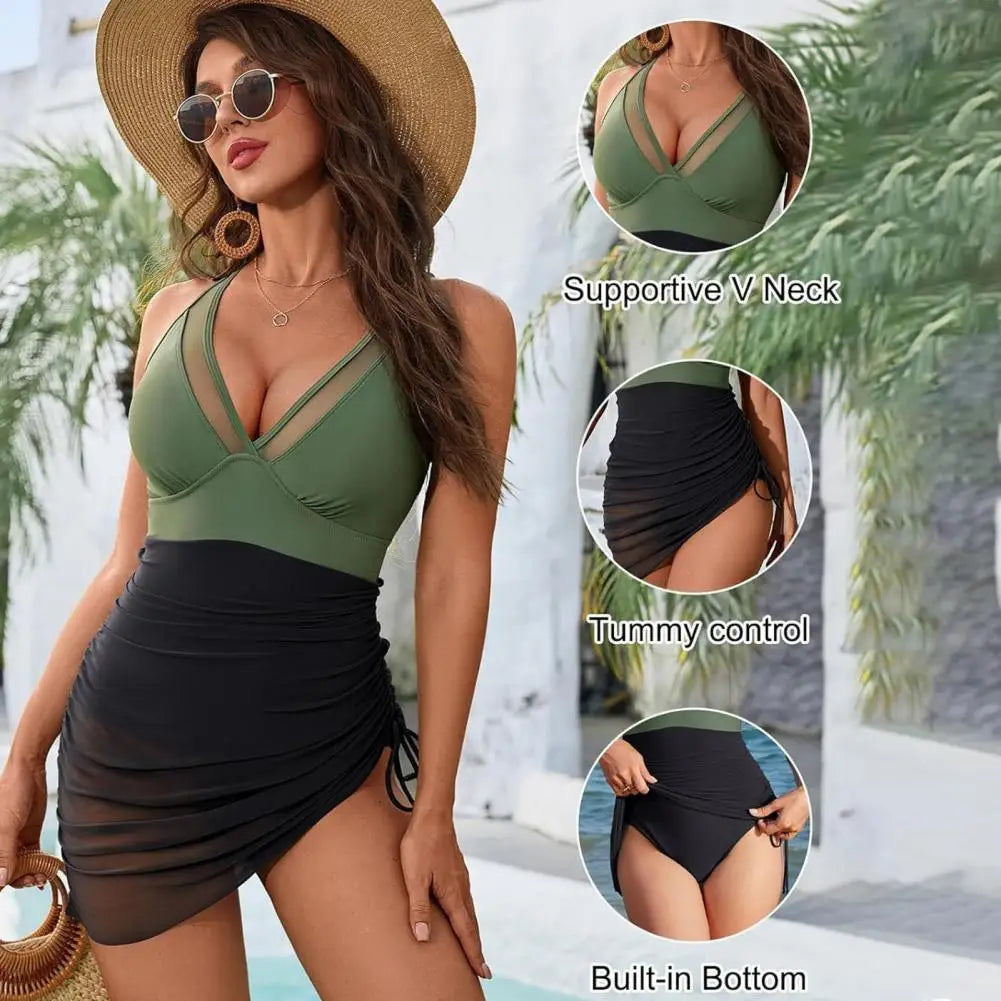 One Piece Women's Swimsuit Solid Color V Neck Tummy Control Swimwear Sexy Mesh Sheer Wrap Bathing Suit For Beach Vacation