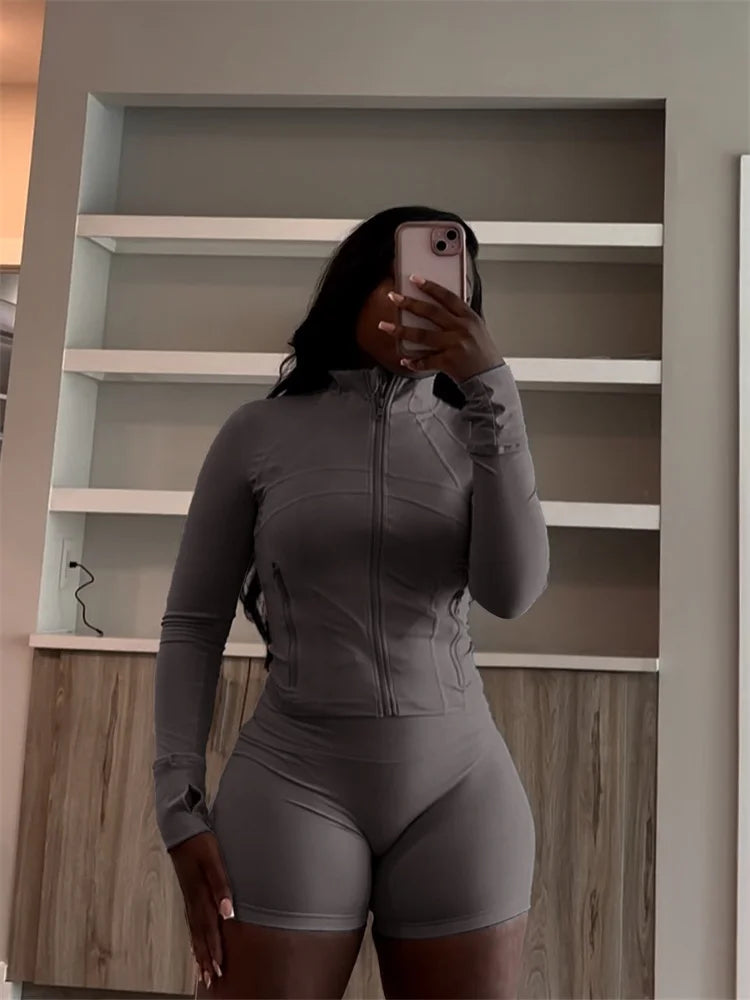 Weird Puss Casual Sporty 2 Piece Set Women Classic Tracksuit Cardigan Full Sleeve Jacket+Stretch Waist Skinny Shorts Trend Suits