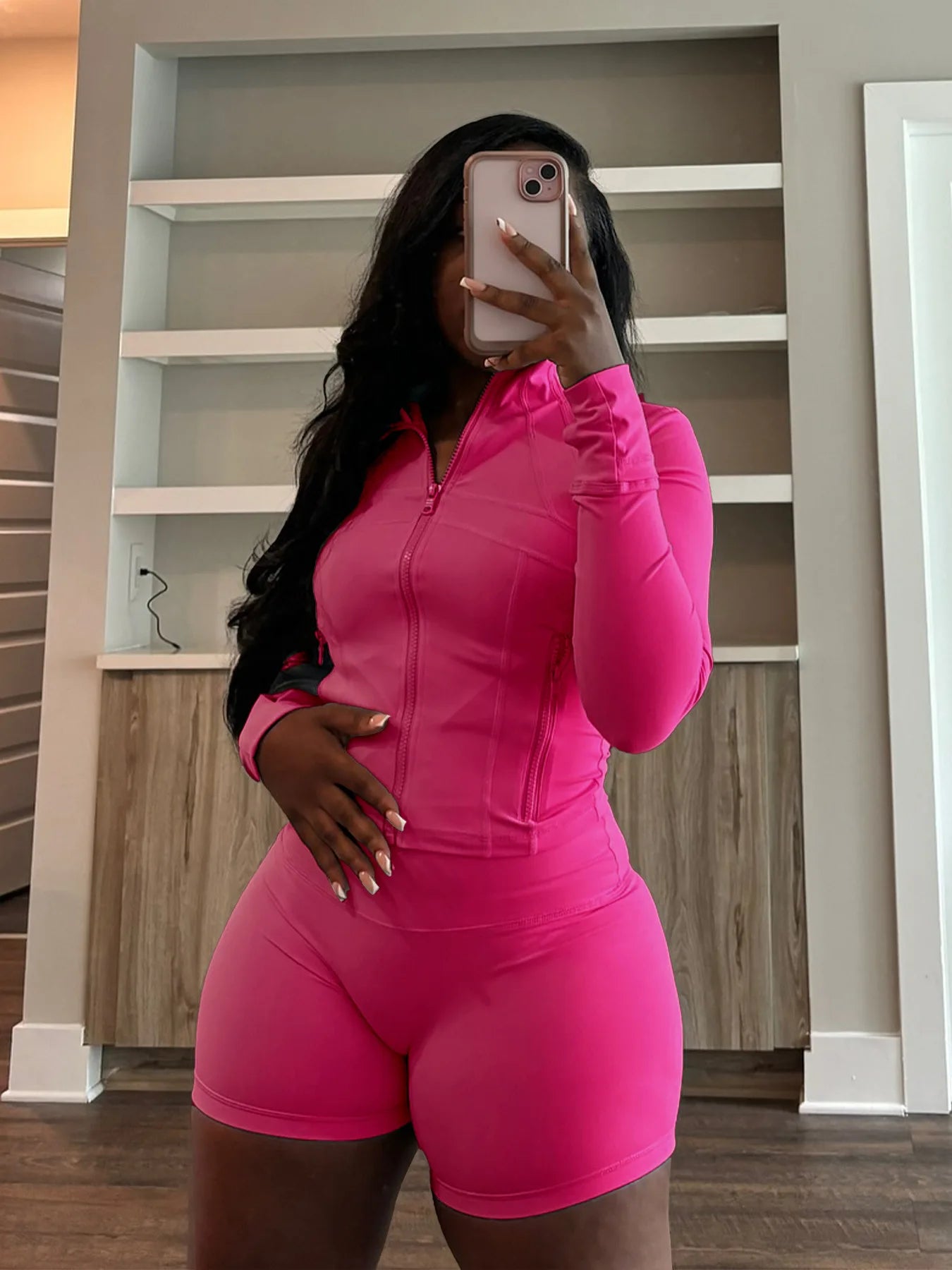 HLJ&GG Casual Sporty Skinny Shorts Two Piece Sets Women Zip Long Sleeve Slim Top + Shorts Outfits Summer New Stretchy Tracksuits