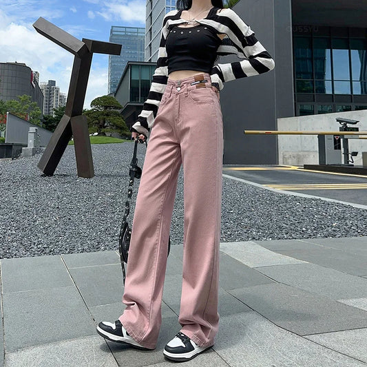OUSSYU Woman Jeans High Waist Straight Wide Leg Cotton Denim Clothing Blue Streetwear Vintage Fashion Harajuku Women Trousers