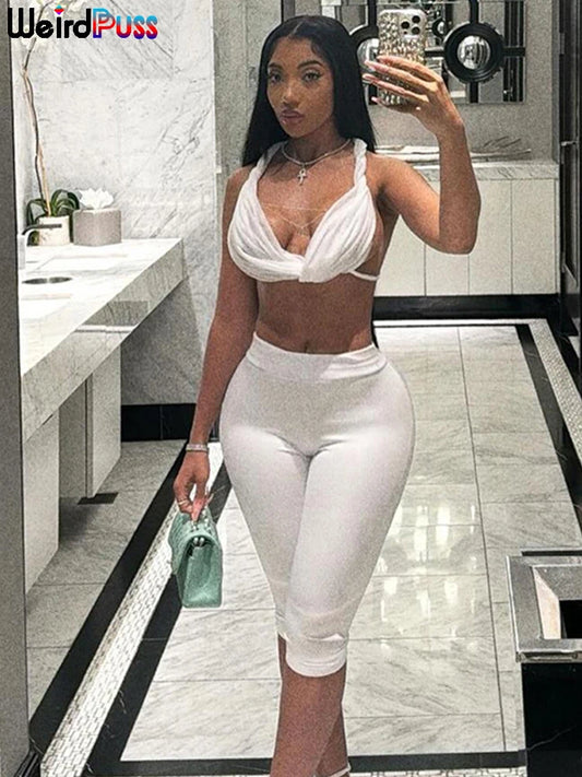 Weird Puss Sexy Women 2 Piece Set Summer Trend Mesh Thin Whip Halter Tank Tops+Wide Waist Shorts Matching Street Club Outfits