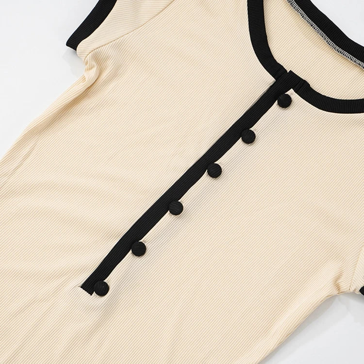 STYLISH LADY Ribbed Button Bodysuits 2025 Summer Women Short Sleeve O Neck Black Nude Sexy Club Street Bodycon Rompers