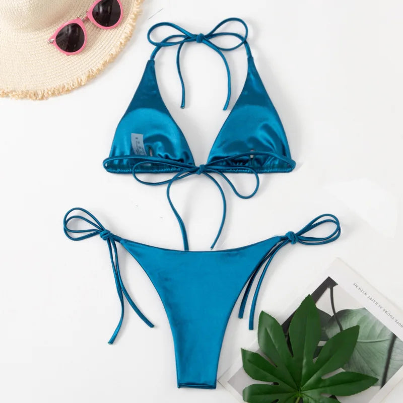 Halter Brazilian Metallic Satin Bikini Swimwear, Swimsuit Two-pieces Bikini Set High Cut Bathing Suit Swim Beachwear