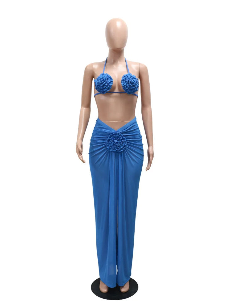 Weird Puss Beach Style Sexy 3 Piece Set Women Lace-Up Halter Pleats Flower Bra+Briefs+See Through Skirts Fashion Bikini Suit