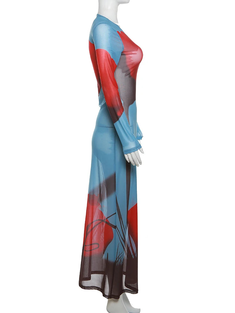 Weird Puss See Through Dress Women Rose Print Sexy Mesh Summer Trend Skinny Elastic Long Sleeve Side Split Maxi Bodycon Vestidos
