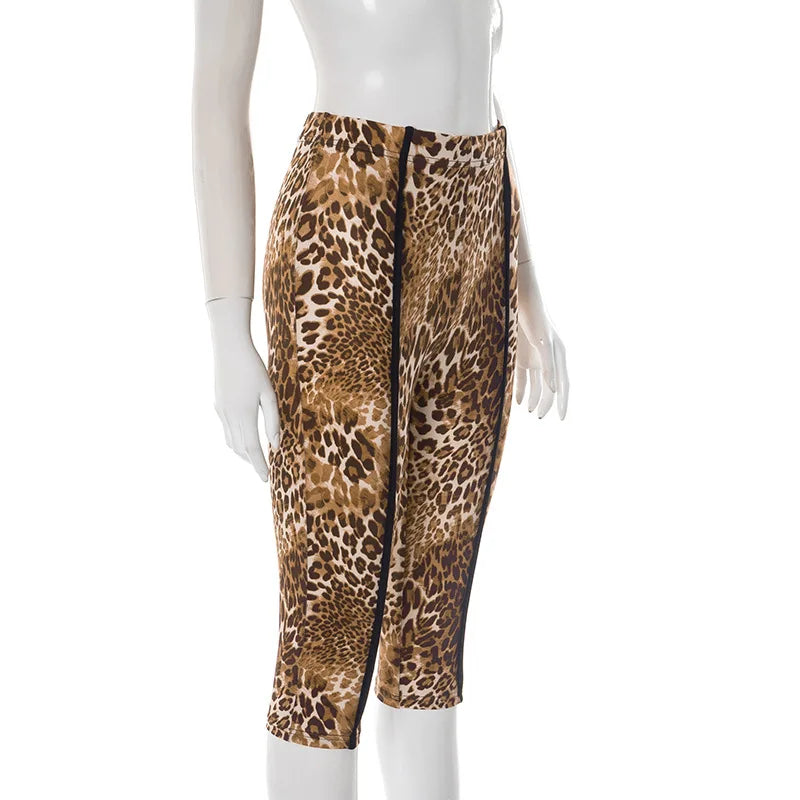HLJ&GG Black Sexy Bandage Corse Two Piece Sets Women Sleeveless Backless Slim Top And Leopard Shorts Outfits Fashion Streetwear