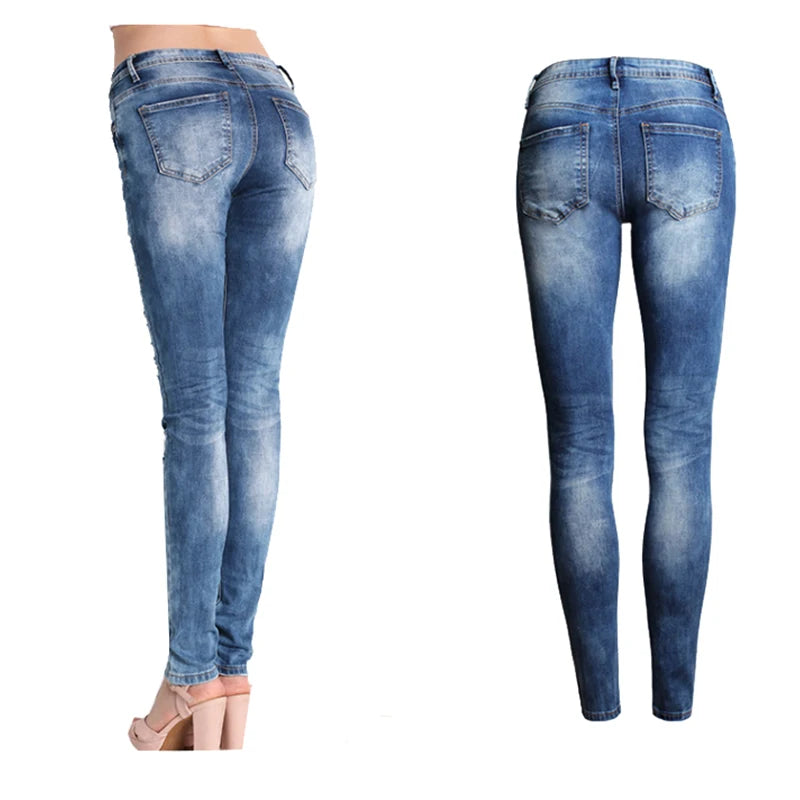 Women Jeans Blue Slim Ripped Jeans for Women Skinny Distressed Washed Stretch Mom Jeans High Waist Pants Femme Bleached