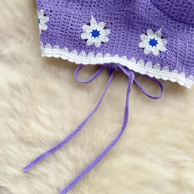 Vacation Style Camis Vest Women Patchwork Sweet Hook Flower Sexy Backless Suspender Camisole Hanging Neck Outwear Crop Tops