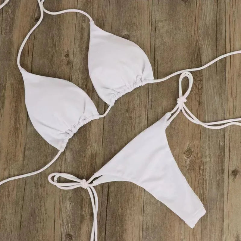 Solid Color Tie-Side G-String Bikini Set Breathtaking Bathing Suit with Feminine Bandage Design Sexy Brazilian Bikini Beachwear