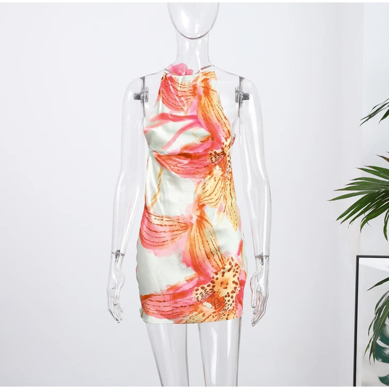 Backless Satin Short Dress Women Sexy 3D Flower Print Lace Up Sleeveless Halter Dresses 2025 Summer Beach Vacation Lady Vestisos