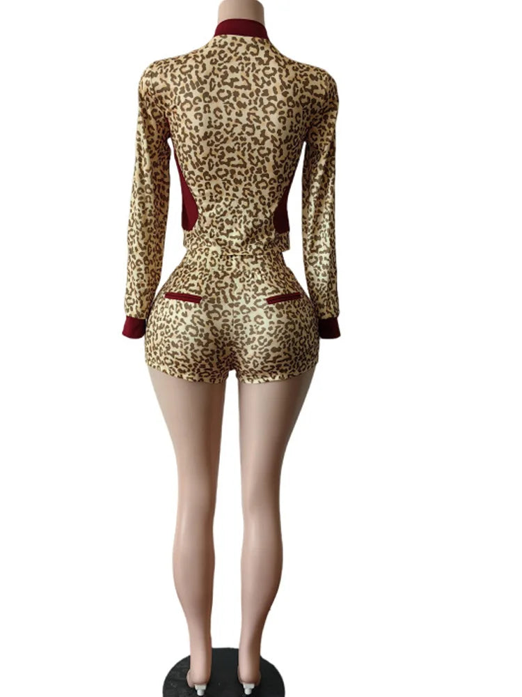 Kricesseen Fashion Women Leopard Print Zippers Jacket Top And Matching Shorts Set 2 Piece Outfits Night Clubwear Female Overalls