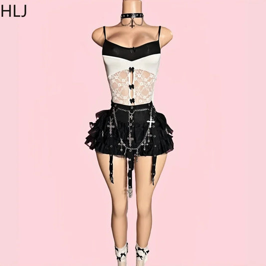 HLJ&GG Black Y2K Punk Streetwear Women Mesh See Though Bodysuits + Stacked Mini Skirts Two Piece Sets Fashion Trend 2pcs Outfits