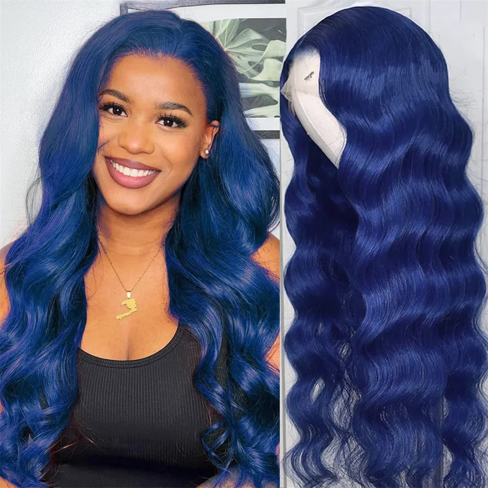 Navy Blue HD 13X6 Body Wave Lace Front Wig Colored Human Hair Wigs Glueless 30 Inch Royal Blue Lace Frontal Wig 100% Human Hair