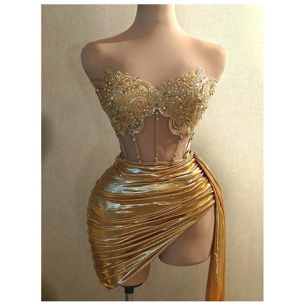 Women Glitter dress Sets, Sexy Strapless Sequins Rhinestone Luxury Gold Dress Design 2024 Stage Show Outfit