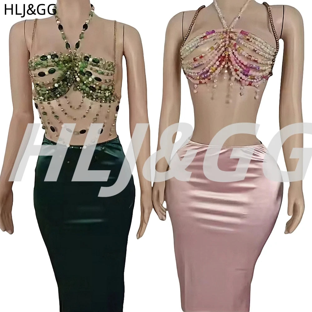 HLJ&GG Sexy Rhinestone Beads Halter Hollow Two Piece Sets Women Sleeveless Backless Top + Satin Skinny Skirts Outfits Streetwear