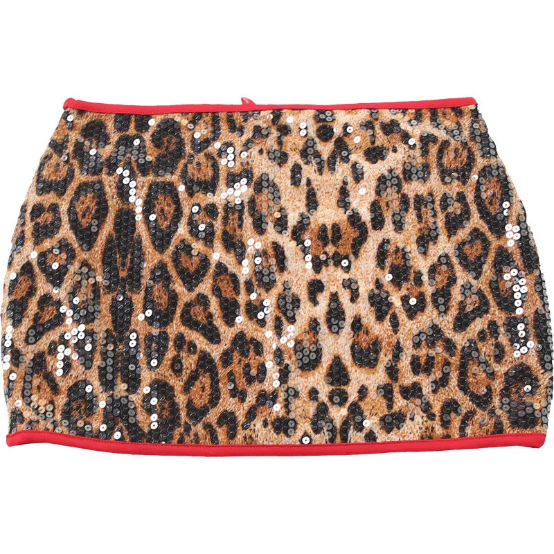 HLJ&GG Fashion Y2K Sequin Leopard Mini Skirts Two Piece Sets Women O Neck Short Sleeve Slim Croptop And Skirts Outfit Streetwear