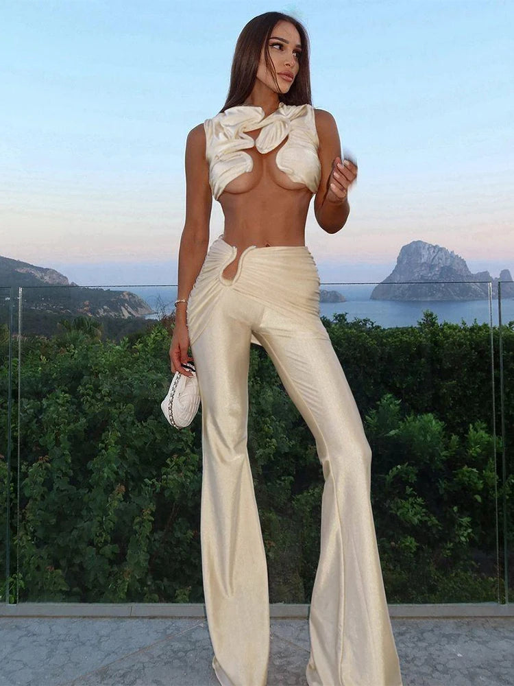 Weird Puss Wire Folds 2 Piece Set Women Chic Y2K Hollow Sliky Tank Tops+Shirring Pants Female Trend Sexy Street Matching Suits