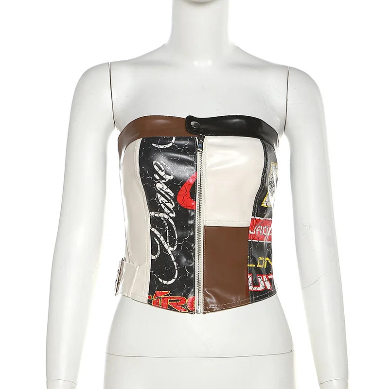 HLJ&GG Brown Y2K Fashion Leather Cargo Shorts Two Piece Sets Women Off Shoulder Zip Slim Crop Top And Shorts Outfits Streetwear