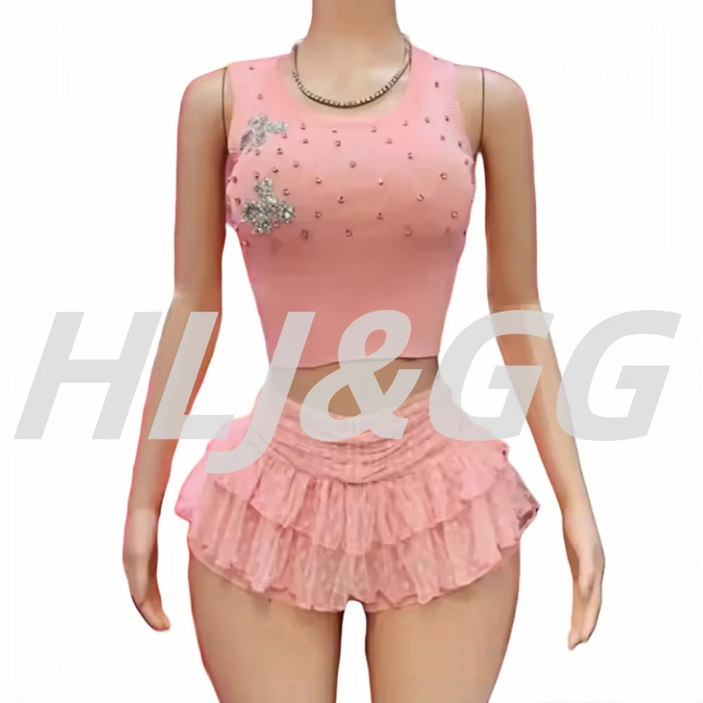 HLJ&GG Fashion Rhinestone Knit Tank Top Two Piece Sets Women Round Neck Sleeveless Crop Vest And Lace Ruffle Mini Skirts Outfits