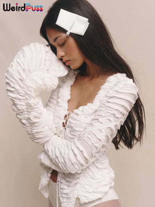 Weird Puss Ripped Chic Crop Tops Women Autumn Elegant Shirring Square Collar Elegant Ruched Full Sleeve Solid Streetwear Tees