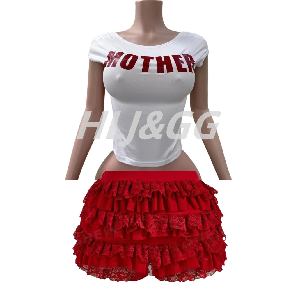 HLJ&GG Red Fashion Letter Backless Tshirts Two Piece Sets Women O Neck Short Sleeve Slim Crop Top And Lace Skirts Shorts Outfits