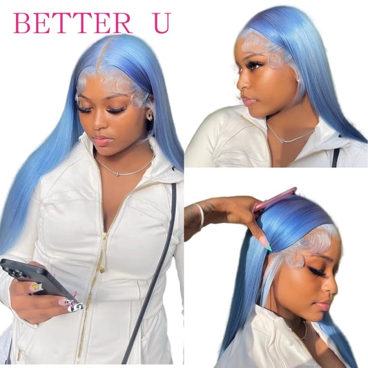 Light Blue Straight 13X6 Transparent Lace Front Human Hair Wig Pre-Plucking Brazilian 613 Colored 13x4 Lace Front Wig For Women