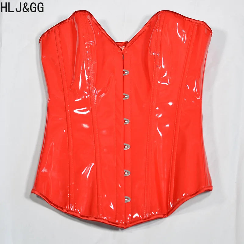 HLJ&GG Sexy Glossy Leather Corset Two Piece Sets Women Off Shoulder Slim Crop Top+Leopard Shorts Outfits Fashion Y2K Streetwear