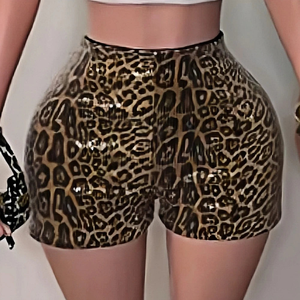 HLJ&GG Y2K Fashion Letter Print Slim Tshirts Two Piece Sets Women Round Neck Short Sleeve Top And Leopard Sequin Shorts Outfits